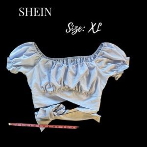 Blue Puff Sleeve Square Neck Crop Top Wrap Tie Front Summer Boho